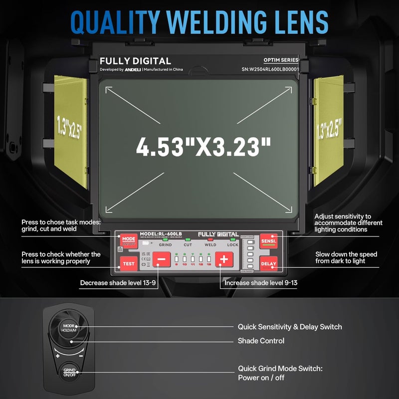 ANDELI Auto Darkening Welding Helmet -Fully Digital Filter, 7.2"x3.2" Extra Wide Panoramic View, Type-C Fast Charging True Color Solar Powered Hood，Wide Shade 4/5-9/9-13 for Weld Cut Grind - Image 2